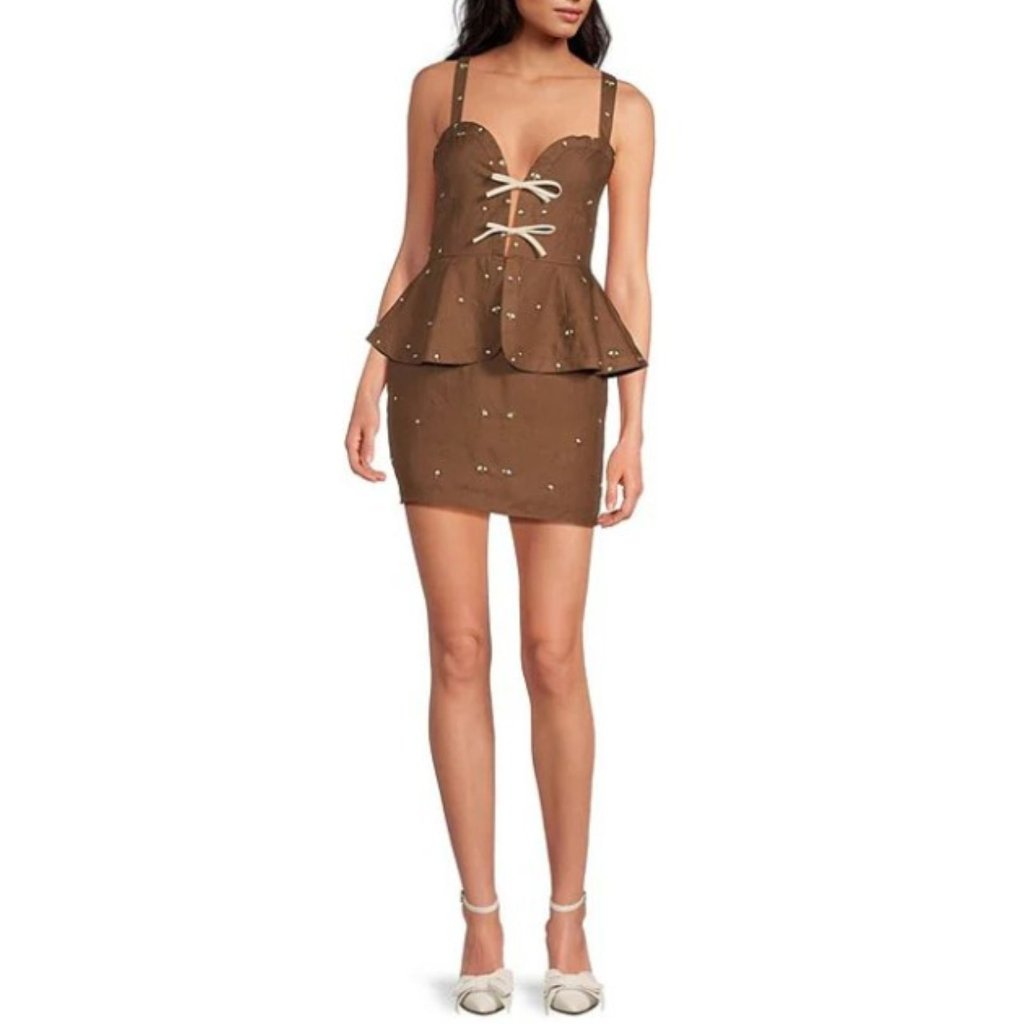 Fanm Mon Helaina Floral Embroidered Bow-Front Sweetheart Peplum Mini Dress Sz Xl